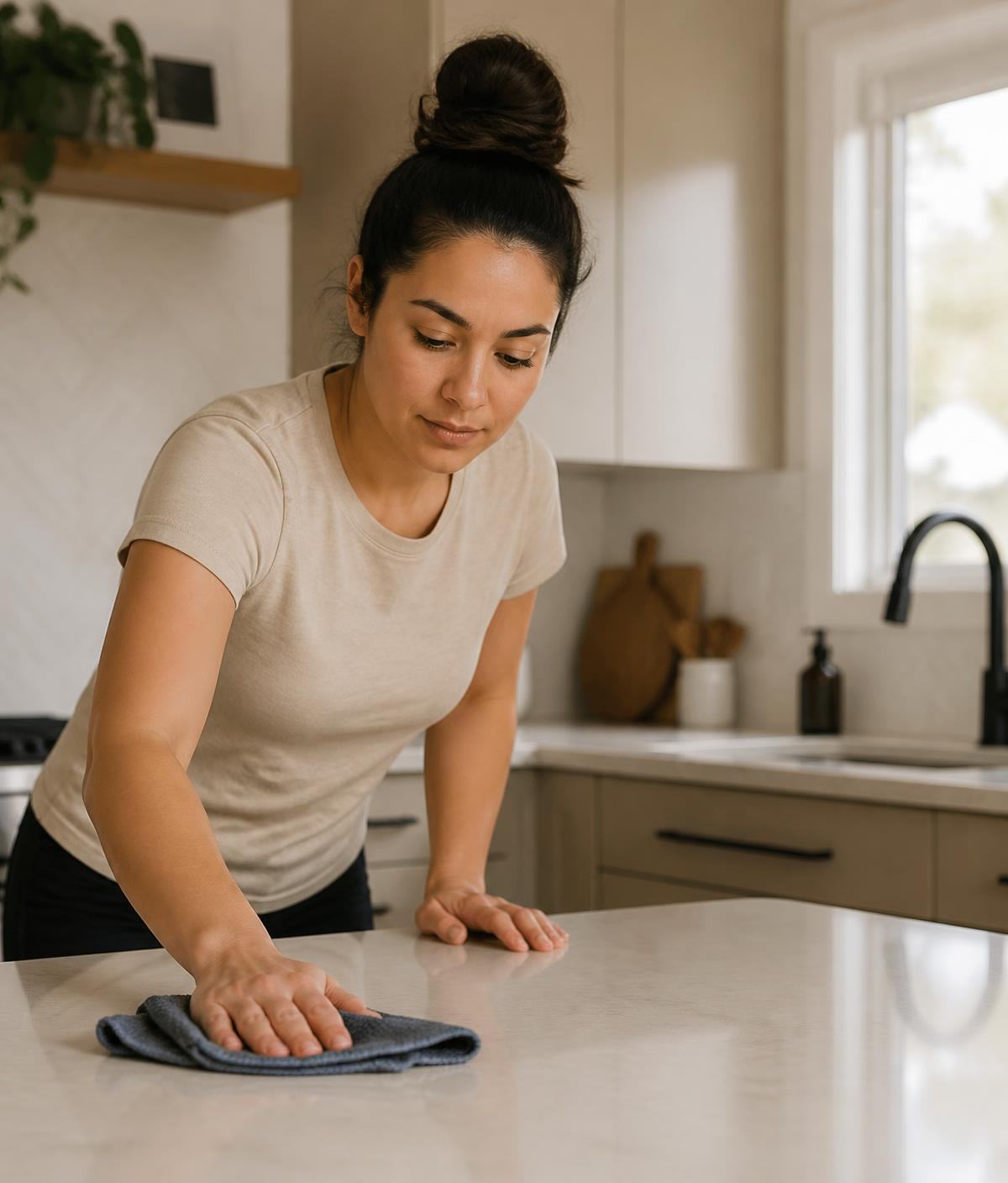 Cleaning professional carefully wiping a kitchen counter in a Peninsula home
