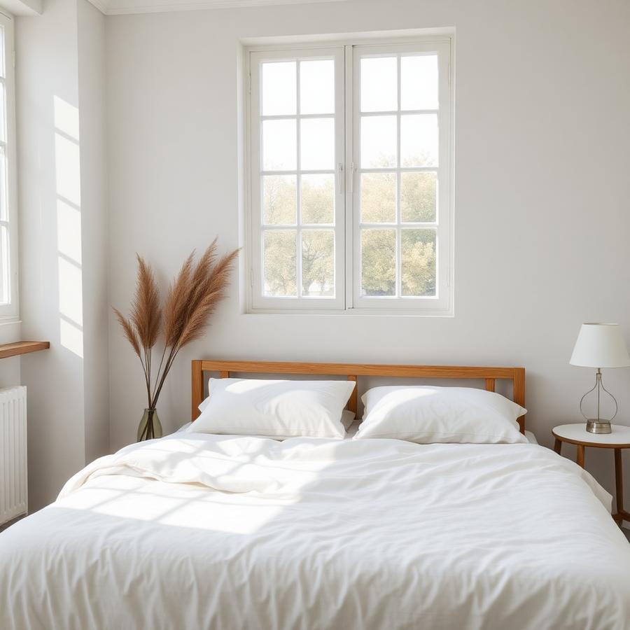 Freshly made bed in a bright, tidy bedroom